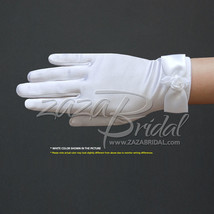 Girl&#39;s Satin Gloves with a Satin Bow &amp; Flower, Pearl in the center - $17.99