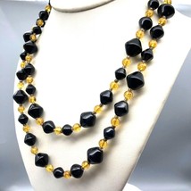 Vintage Bicone Beaded Necklace, Elegant French Jet Beads and Amber Czech... - $90.95