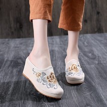 Ng embroidery women s canvas mules slippers high heel wedge ladies comfort linen cotton thumb200
