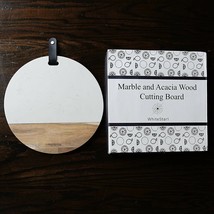 Marble Cutting Board White marble &amp; Acacia Wood w Leather Handle 10&quot; Round NEW - £31.83 GBP