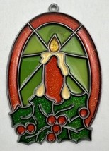 Vintage Faux Stained Glass Christmas Holiday Candle Poinsettias Ornament - £9.39 GBP
