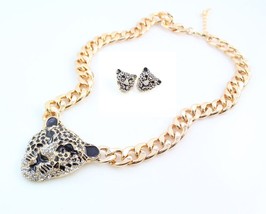 Dubai Gold Color Crystal Enameled Leopard Pendant Statement Necklace Brecelet Ea - £28.08 GBP