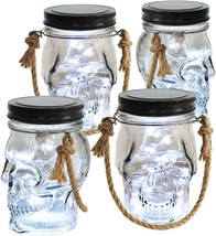 Set of 4 Halloween Skull Solar Lanterns, Solar Powered Mason Jar Light K... - $38.99