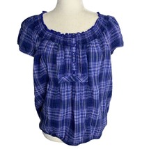 Faded Glory Shirred Peasant Top M Blue Plaid Buttons Short Cap Sleeves Elastic - £7.51 GBP