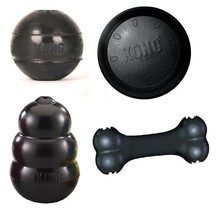 4 Piece Extreme Tough Dog Toy Set Durable Black Rubber Flyer Bone Ball Pick Size - £55.18 GBP+