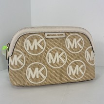 New Michael Kors Large Travel Cosmetic Bag Natural Straw White Leather M3 - $80.18