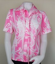 70s Pussy Bow Top Womens M Pink Floral Polyester Short Sleeve Button Up Blouse - £30.05 GBP