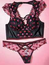 Victoria&#39;s Secret high-neck S 32C/34B/34C Bra Set Black Red Pink Heart Embroider - £55.26 GBP