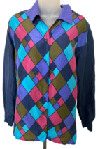 Vintage Diane Gilman Silk Color Block Stain Glass Button Front Shirt L w/Defect - £23.73 GBP