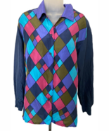 Vintage Diane Gilman Silk Color Block Stain Glass Button Front Shirt L w... - $40.60 CAD