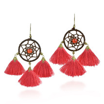 Mystical Dream Catcher with Red Tassels &amp; Brass Dangle Earrings - £8.21 GBP
