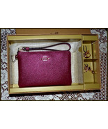 Coach Blk Cherry Glitter  Solid Leather Wristlet  With 2 Charms Gift Box... - £58.21 GBP