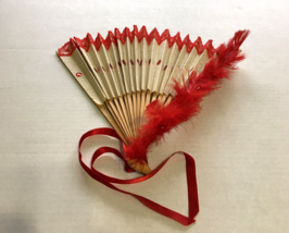 Vintage folding hand fan red feather lace trim - $19.75