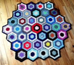 Vintage Crochet Granny Hexagon Table Topper Wool Afghan Throw Lap Wool 45 x 50 - $30.05