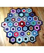Vintage Crochet Granny Hexagon Table Topper Wool Afghan Throw Lap Wool 4... - £24.02 GBP