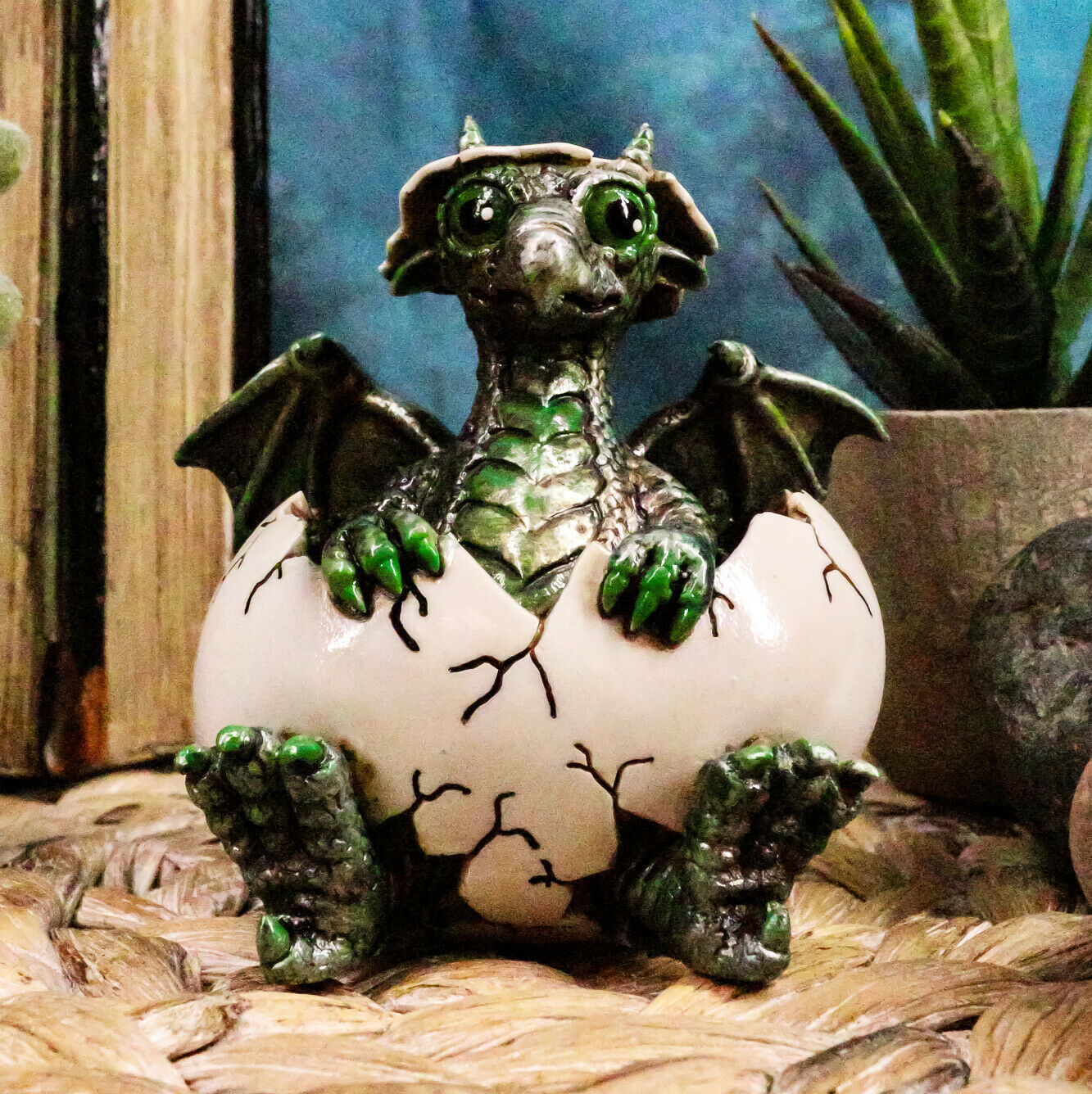Small Green Whimsical Dragon Baby Hatchling In Egg Statue Fantasy Dragon... - $17.99