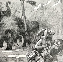 Mammoth Charging Prehistoric Man 1887 Wood Engraving Victorian Art DWEE28 - £23.97 GBP