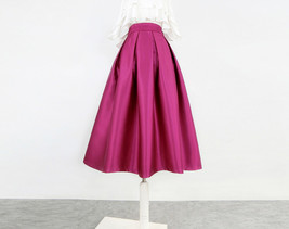 Burgundy Taffeta Pleated Midi Skirt Women Custom Plus Size A-line Party Skirt image 8