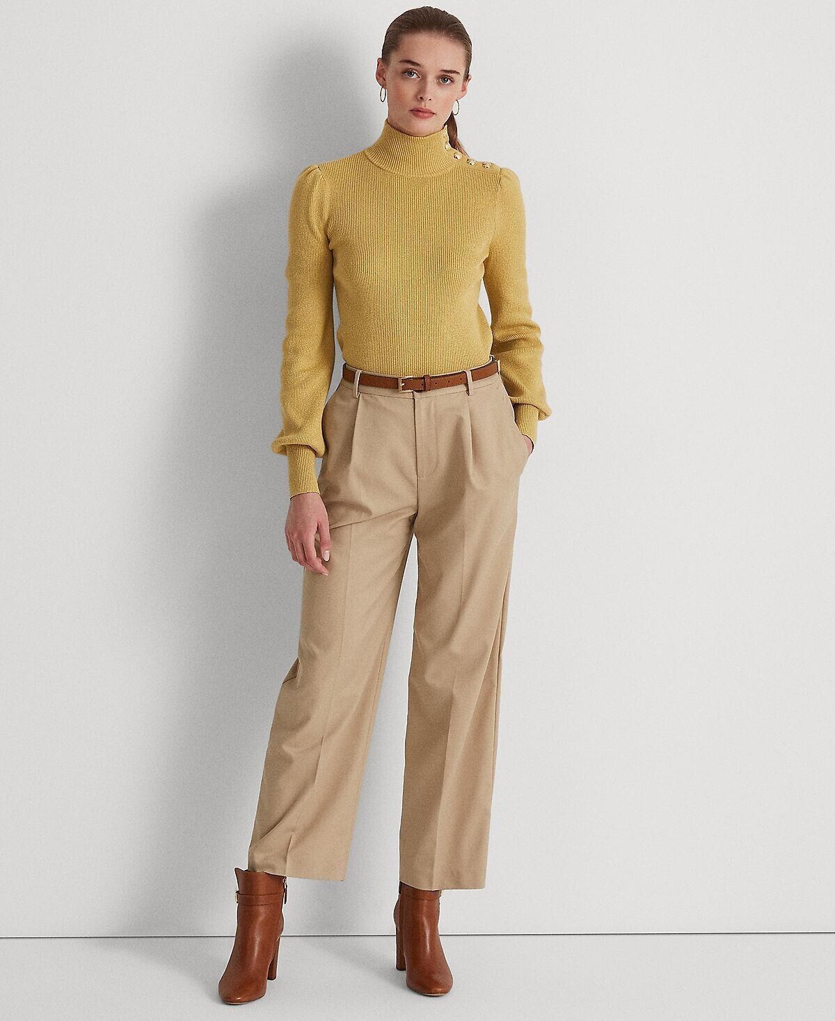 Lauren Ralph Lauren Women&#39;s Petite Ribbed Mock Neck Sweater Gold B4HP - $44.95