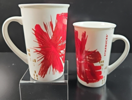 (2) Starbucks Red Holiday Floral Burst 12 Oz Tall White Coffee Cup Mug 2... - $33.63