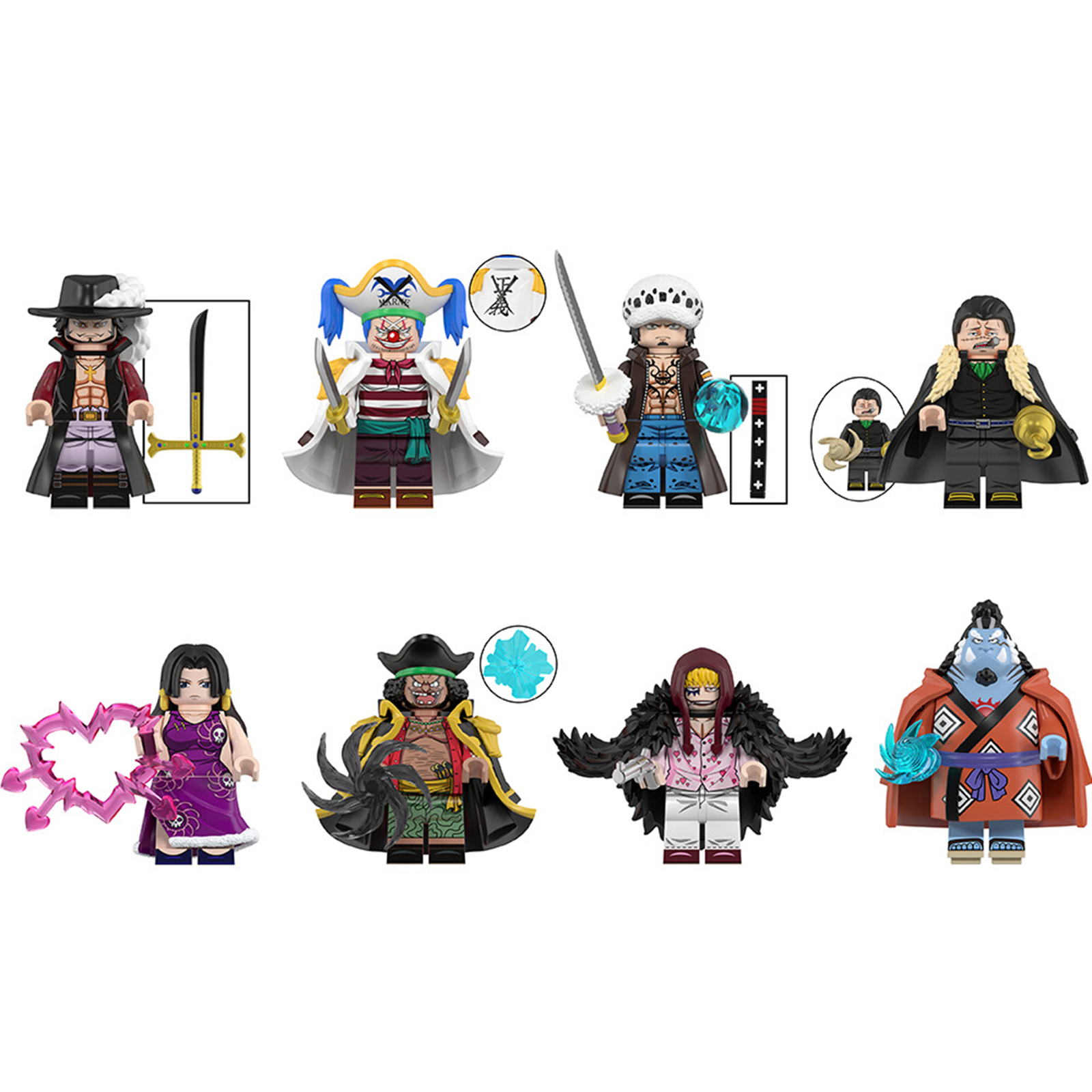 One Piece Teach Mihawk Boa Hancock Jinbei Buggy Rosinante Law 8pcs Minifigures