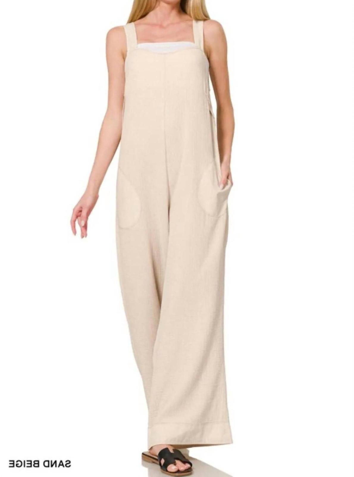 Trendsi Zenana Double Gauze Washed Wide Leg Overalls Beige - $48.00