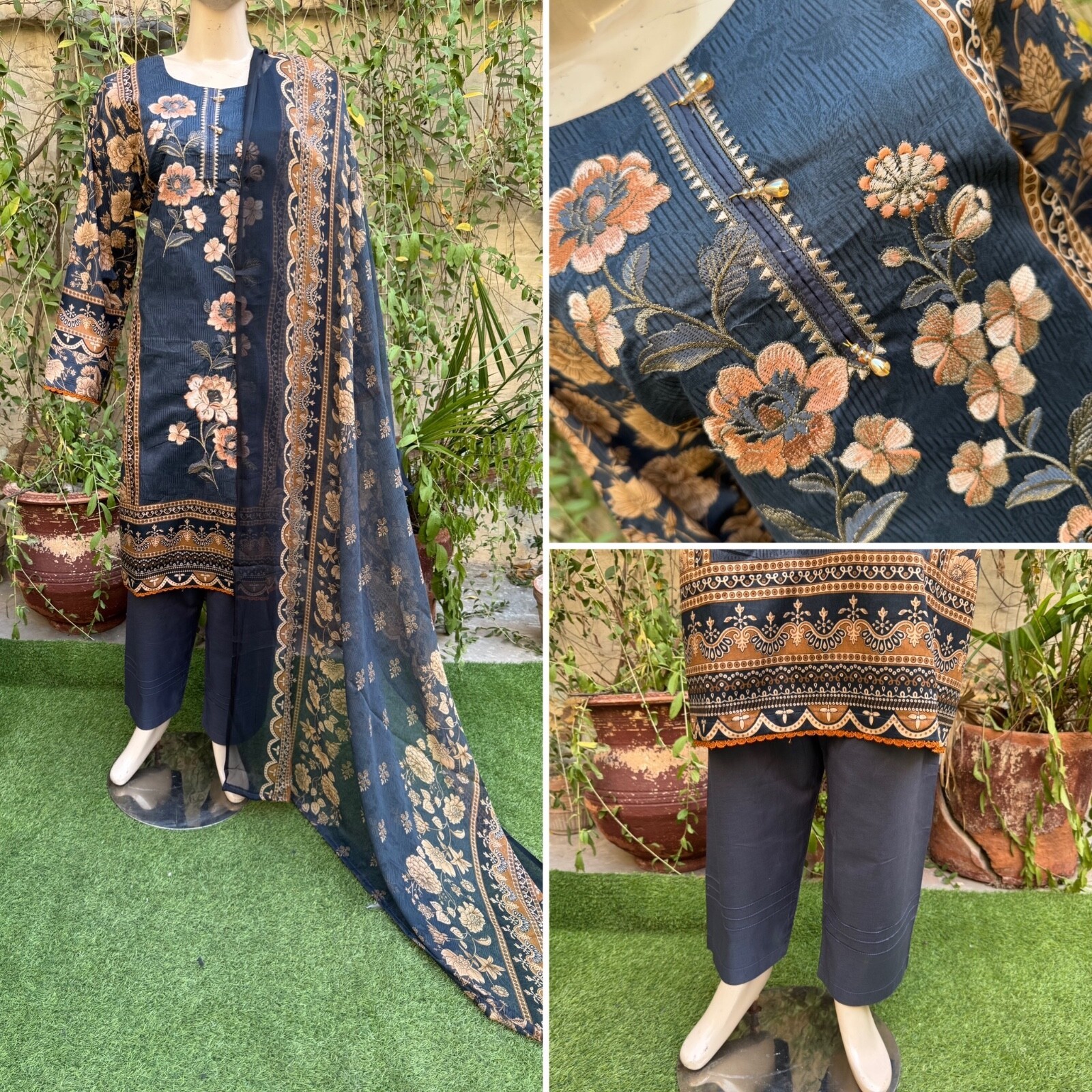 Pakistani Dark Gray Printed Straight Shirt 3-PCS Lawn Suit w/ Thread wor... - $56.43