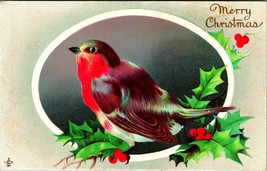 Merry Christmas Robin Bird on Holly Branch Embossed UNP Vtg Postcard - £6.28 GBP