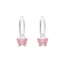 Hanging Pink Butterfly 925 Silver Hoop Earrings with Crystals - £13.32 GBP