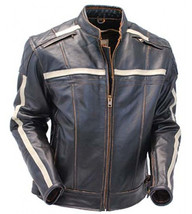 Men Black Military White Stripes Motorcycle Biker Real Genuine Leather Jacket - £126.54 GBP