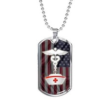 Express Your Love Gifts US Flag Caduceus Nurse Necklace Engraved 18k Gold Dog Ta - $69.25