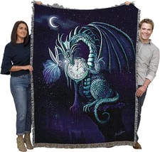 The Time Dragon Sapphire Blanket By Rose Khan Is A Woven Cotton Fantasy Tapestry - $77.95