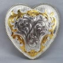 Vintage Belt Buckle Heart Ornate Filigree Etched Silver And Gold Color Mexico - £39.32 GBP