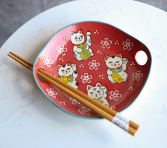 Red Maneki Neko Lucky Cats Appetizer Coupe Plate Flat Bowl With Chopstic... - $18.49