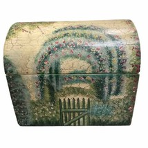 Vintage Painted Wooden Hinged Box Yellow Floral Garden Scene Crackled 6.5x5x5.5 - £9.37 GBP