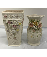 Pair of Vintage K&#39;s Collection Cream Pastel Flowered Vase 6.5 inch - £15.73 GBP