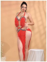Red Sexy Two Piece Belly Dance Costume Tassel Bra&amp; Skirt Criss Cross Belt - £43.68 GBP