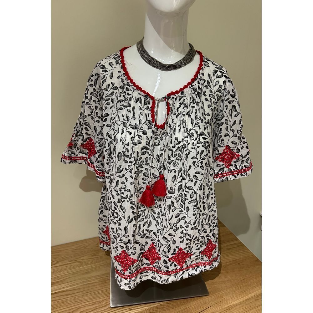 J Jill Prairie Peasant Tunic Top Embroidered Sz M Boho Tassel Tie Cottag... - $16.10