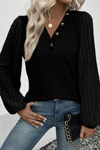 Black Buttoned V Neck Ribbed Puff Sleeve Top - $11.47