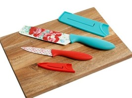 Pioneer Woman ~ 3-Pc. Set ~ Acacia Wooden Cutting Board ~ VINTAGE FLORAL Knives - £20.92 GBP