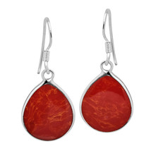 Chunky Teardrop Synthetic Coral Inlay Sterling Silver Dangle Earrings - £12.77 GBP