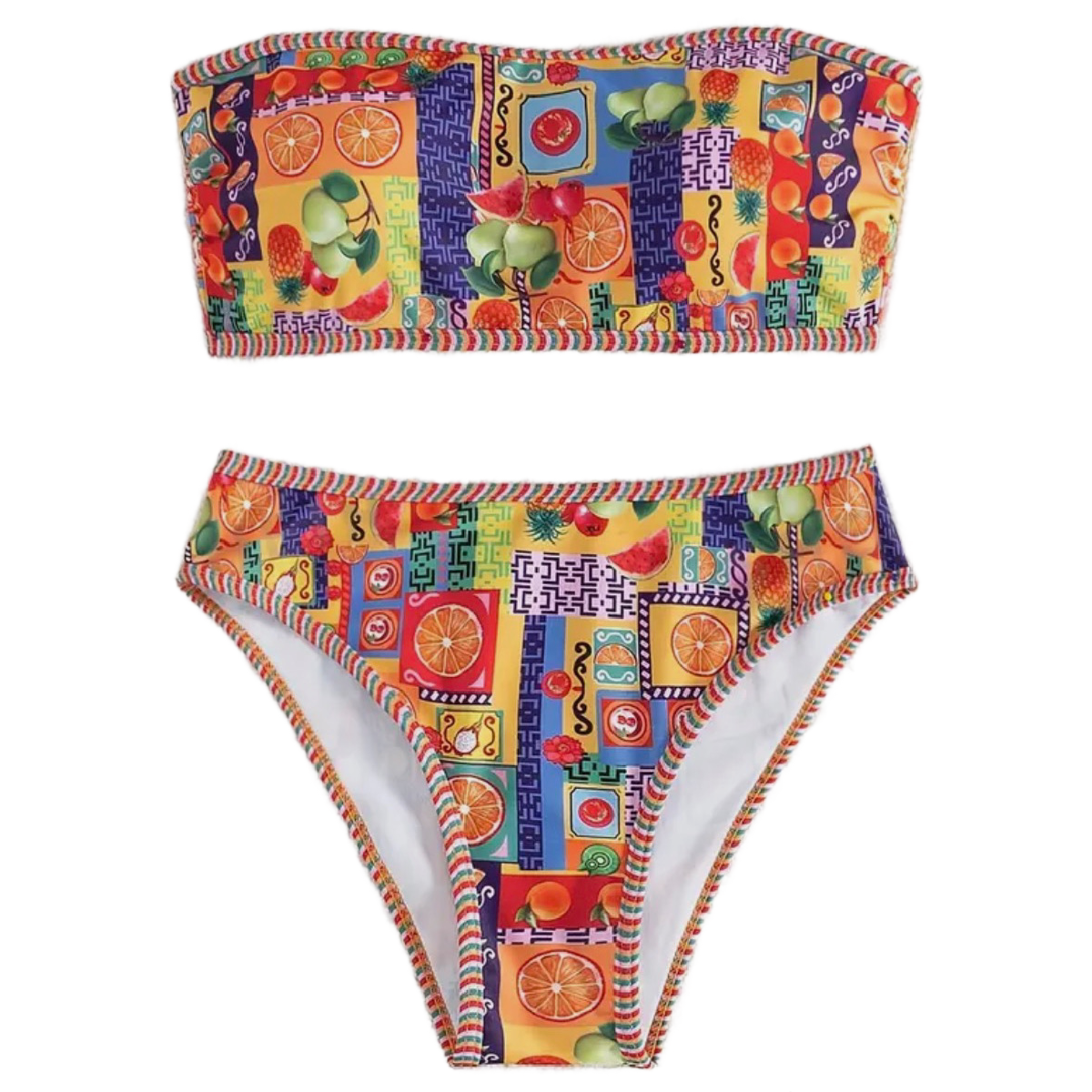 Boho Bikini 2pc Swimsuit Set Tropical Fruit Strapless Bandeau High Cut L... - $26.50