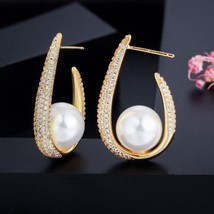 Unique Trendy Micro Pave Cubic Zirconia U Shape Yellow Gold Color Big Pearl Hoop - $22.16