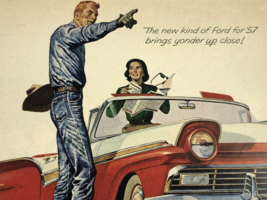 1957 Ford Fairlane 500 V-8 Convertible Lady ask Cowboy for directions print ad - $14.09