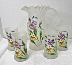 Victorian Hand Enameled Purple Yellow Pansy Blown Glass Pitcher w 4 Glasses - $193.05