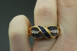 14k Yellow Gold Over Diamond &amp; Baguette Blue Sapphire Ring 1.85Ct Valentine - £89.35 GBP