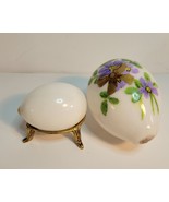 2 Hand Blown Milk Glass Eggs One with a Stand One with Floral Design - $25.00