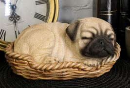 Ebros Realistic Pug Dog Sleeping In Wicker Basket Statue Pet Pal Pugsy F... - $26.99