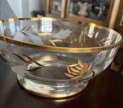 Vintage MCM Leaf Etched Frosted Glass Bowl  Gold Rim 9”x 4” - £21.30 GBP