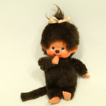 Vintage Monchhichi Girl Doll Brown Plush Bow Bib Bottle SEKIGUCHI 8&quot; 1974 - £29.92 GBP